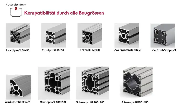 Eine Übersicht verschiedener Aluminiumprofile, die in unterschiedlichen Größen und Formen angeordnet sind.
